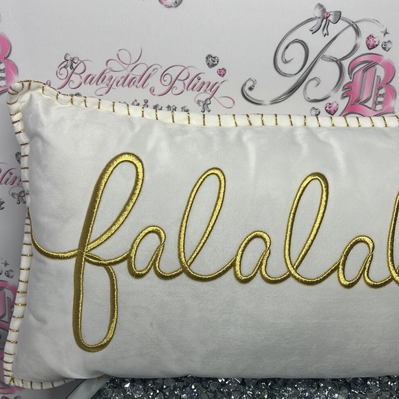 Falalala pillow Christmas decor white gold shimmer embroidered XMAS holidays - Picture 4 of 8